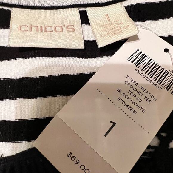 Chico's top black white striped crochet neckline short sleeve knit NEW Sz 1 US M - Picture 5 of 6
